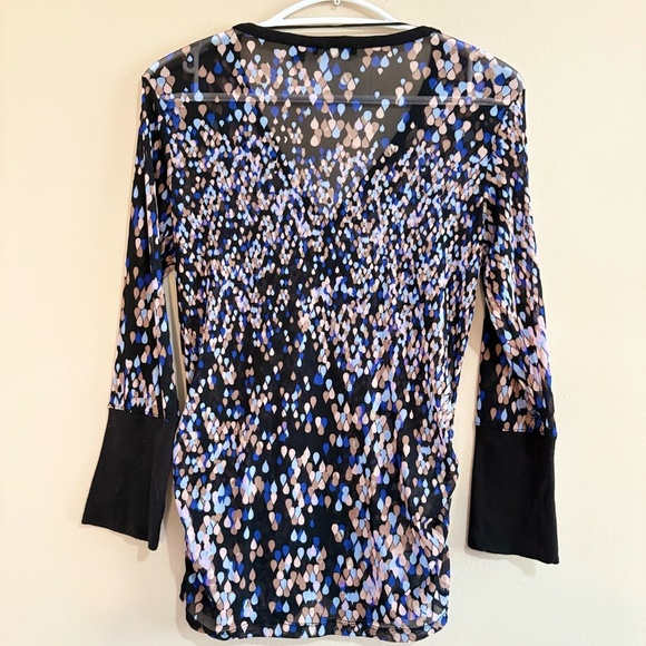 Mexx Mesh Black Blue & Lilac Pattern 3/4 Sleeve Ruched Button Up Blouse - Picture 11 of 14